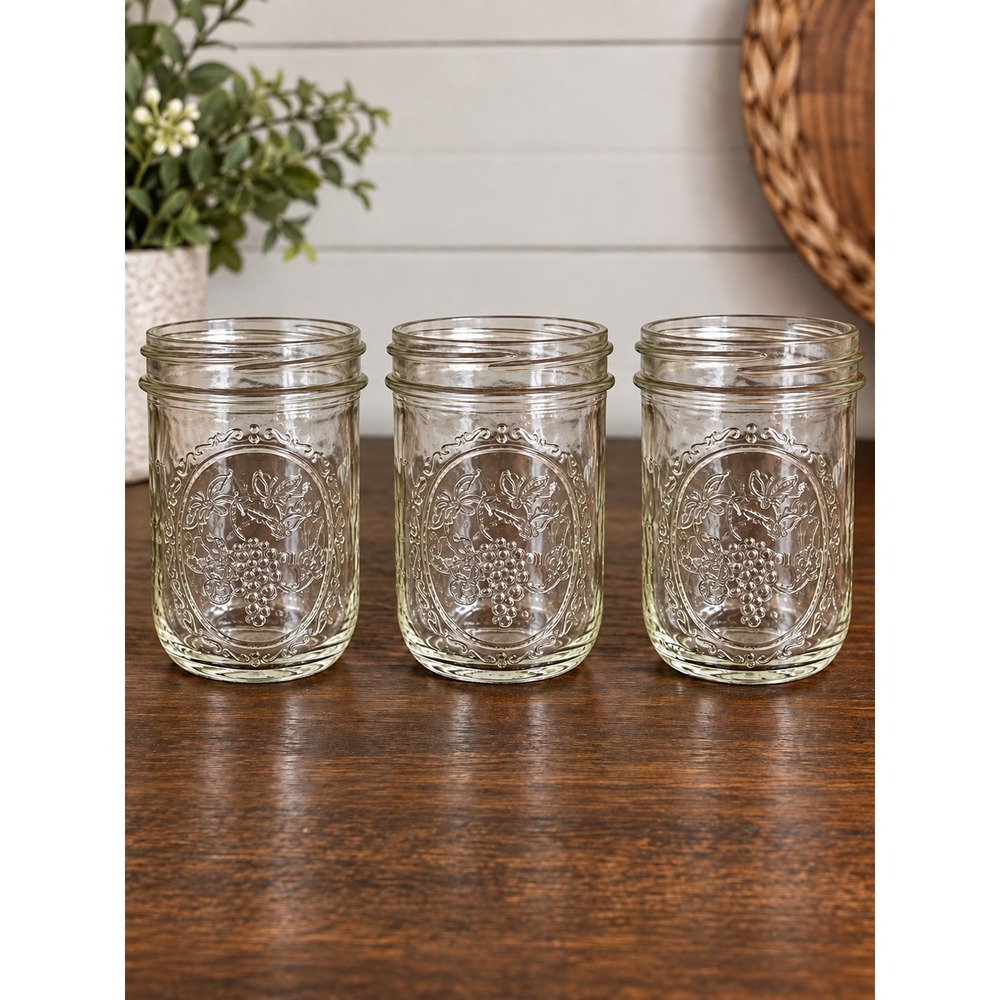 Ball Wide Mouth Mason Jars Glasses Set of 3 Clear Embossed Fruit 1 Pint 16oz
